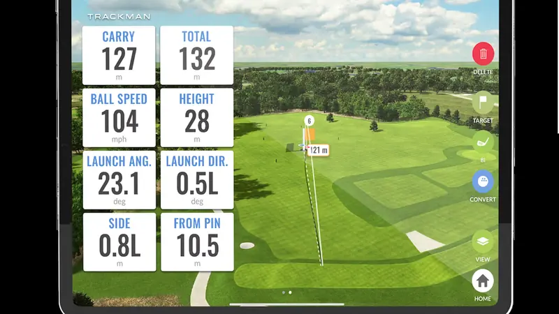 A tablet showing Trackman shot data.